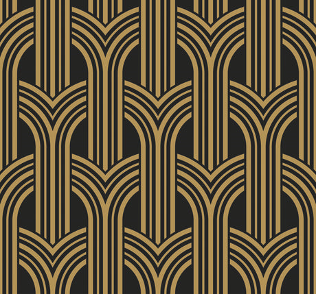Broadway Arches wallpaper in antique gold metallic on black, geometric art deco arch pattern