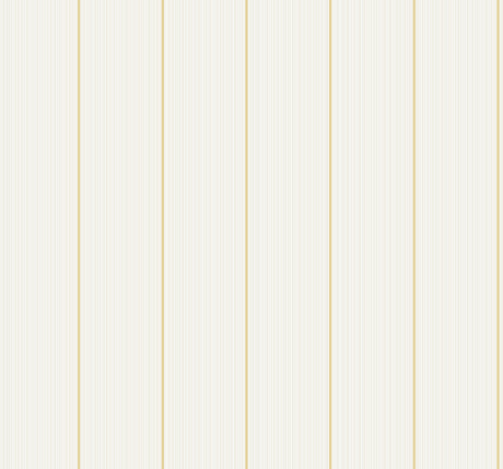Rockefeller Stripe wallpaper in Gilda colorway with off-white and subtle gold vertical stripes
