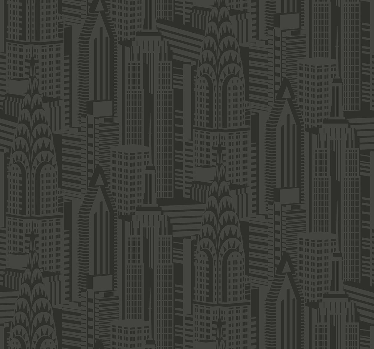 Dark Manhattan skyline wallpaper pattern in black and charcoal with glossy finish