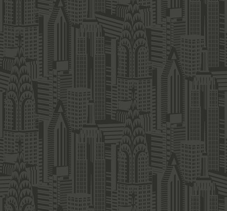 Dark Manhattan skyline wallpaper pattern in black and charcoal with glossy finish