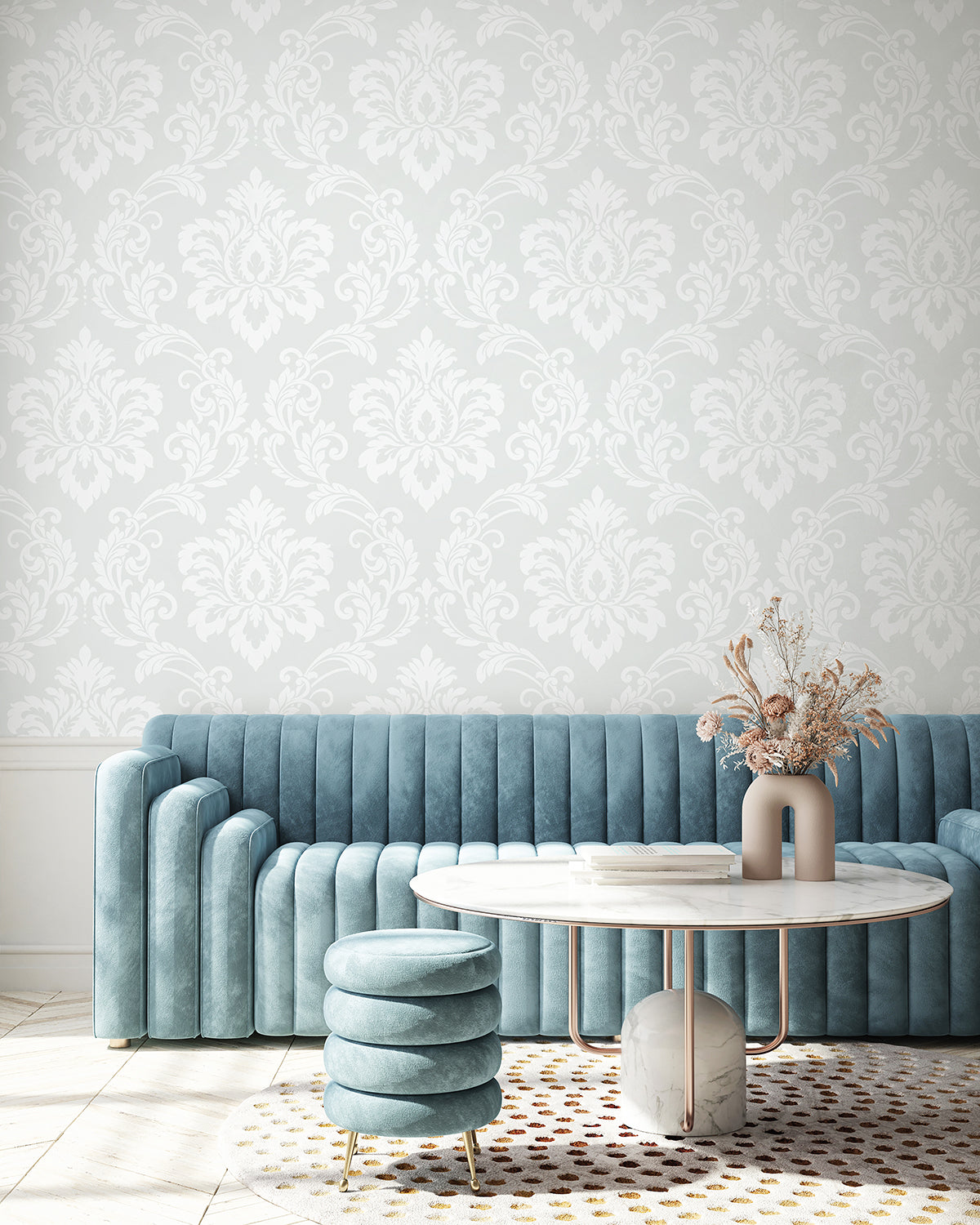 Deco Damask Frosty by Collins & Company Damask Wallpaper – Collins & Company DC61600 -Sample