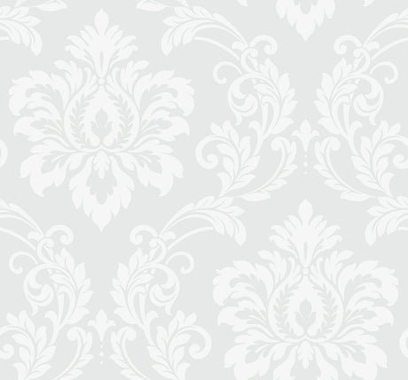 Deco Damask wallpaper in Frosty off-white with a contemporary damask motif and matte finish