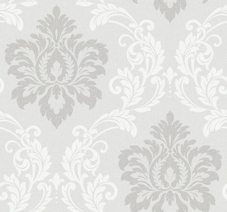 Cool Mist grey damask wallpaper pattern with a matte finish