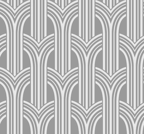 Deco Arches metallic silver geometric wallpaper with Art Deco arch pattern