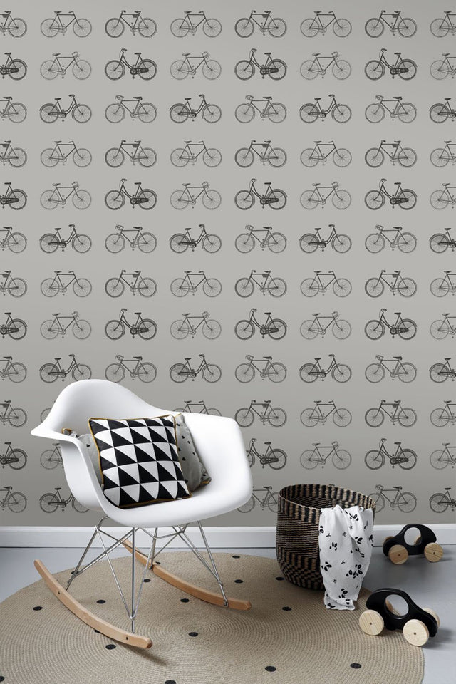 Turnblad Grey Bicycle Wallpaper with Eclectic Travel Novelty Pattern - ESTA Home DD128502