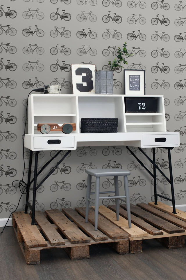 Turnblad Grey Bicycle Wallpaper with Eclectic Travel Novelty Pattern - ESTA Home DD128502