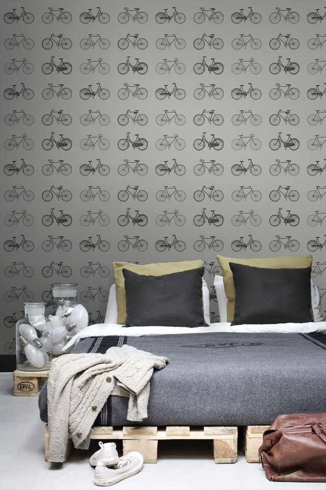 Turnblad Grey Bicycle Wallpaper with Eclectic Travel Novelty Pattern - ESTA Home DD128502
