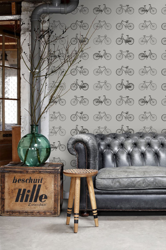 Turnblad Grey Bicycle Wallpaper with Eclectic Travel Novelty Pattern - ESTA Home DD128502