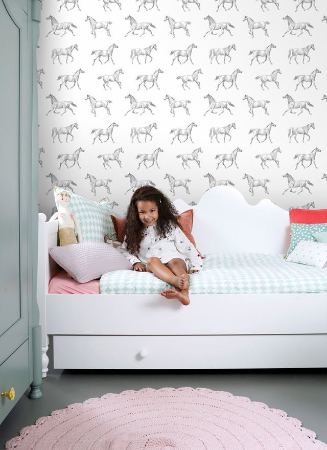 Burnett Off White Horses Wallpaper with Eclectic Novelty Horse Motif - ESTA Home DD128807