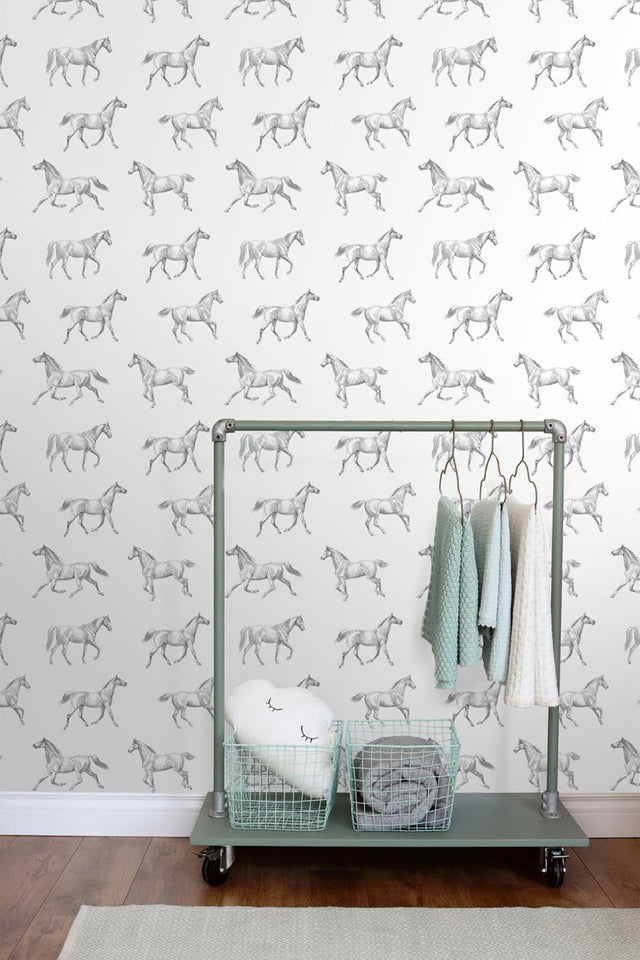 Burnett Off White Horses Wallpaper with Eclectic Novelty Horse Motif - ESTA Home DD128807