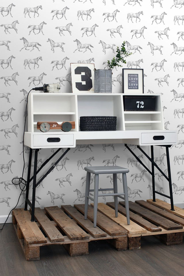 Burnett Off White Horses Wallpaper with Eclectic Novelty Horse Motif - ESTA Home DD128807