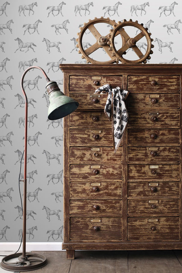 Burnett Off White Horses Wallpaper with Eclectic Novelty Horse Motif - ESTA Home DD128807