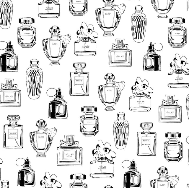 Chita White Perfume Bottles Wallpaper with Novelty Graphics in Eclectic Style - Brewster DD138855