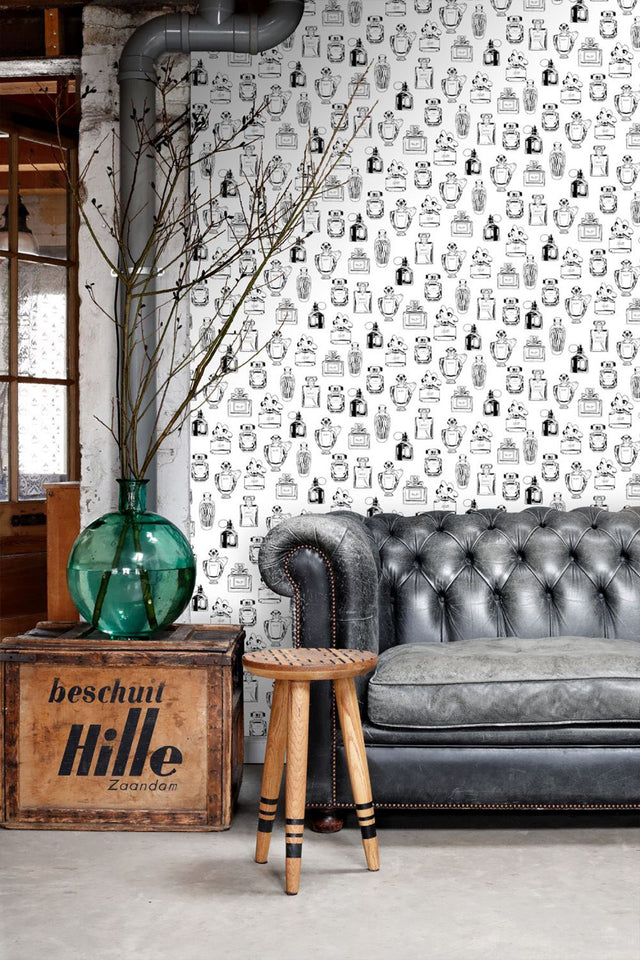 Chita White Perfume Bottles Wallpaper with Novelty Graphics in Eclectic Style - Brewster DD138855