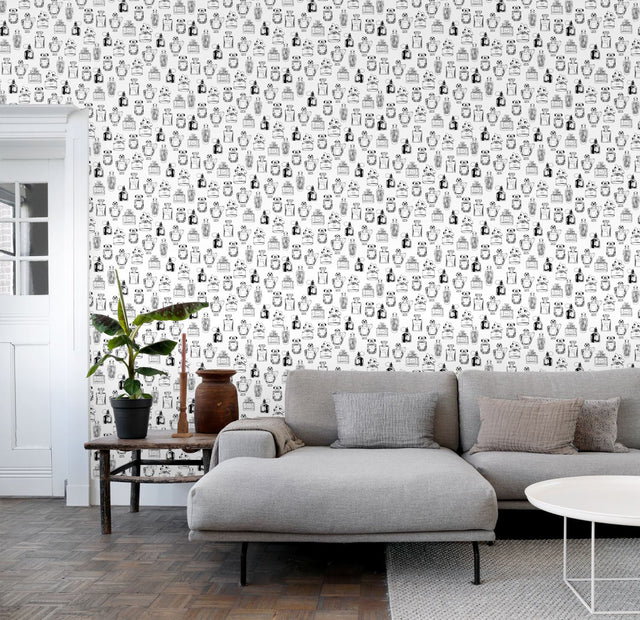 Chita White Perfume Bottles Wallpaper with Novelty Graphics in Eclectic Style - Brewster DD138855