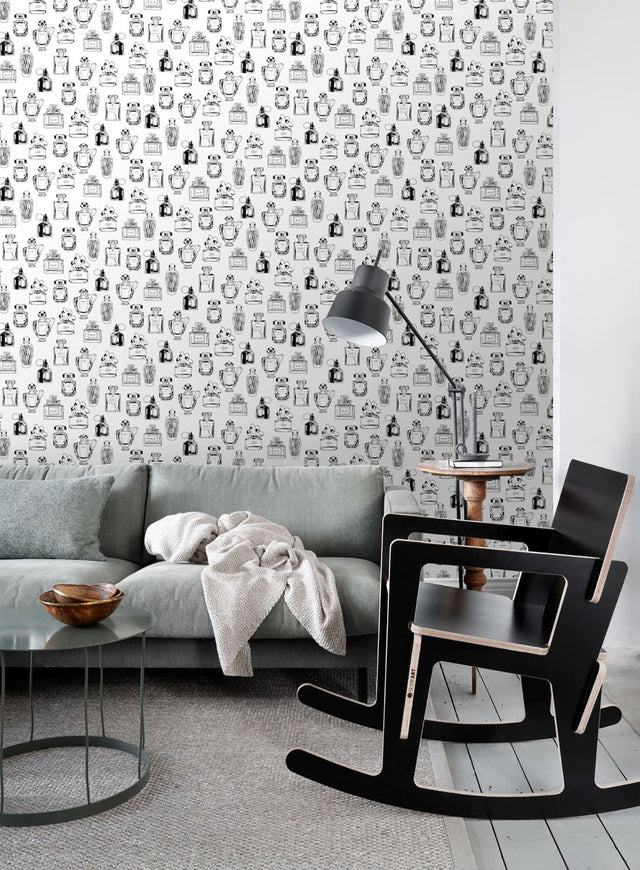 Chita White Perfume Bottles Wallpaper with Novelty Graphics in Eclectic Style - Brewster DD138855