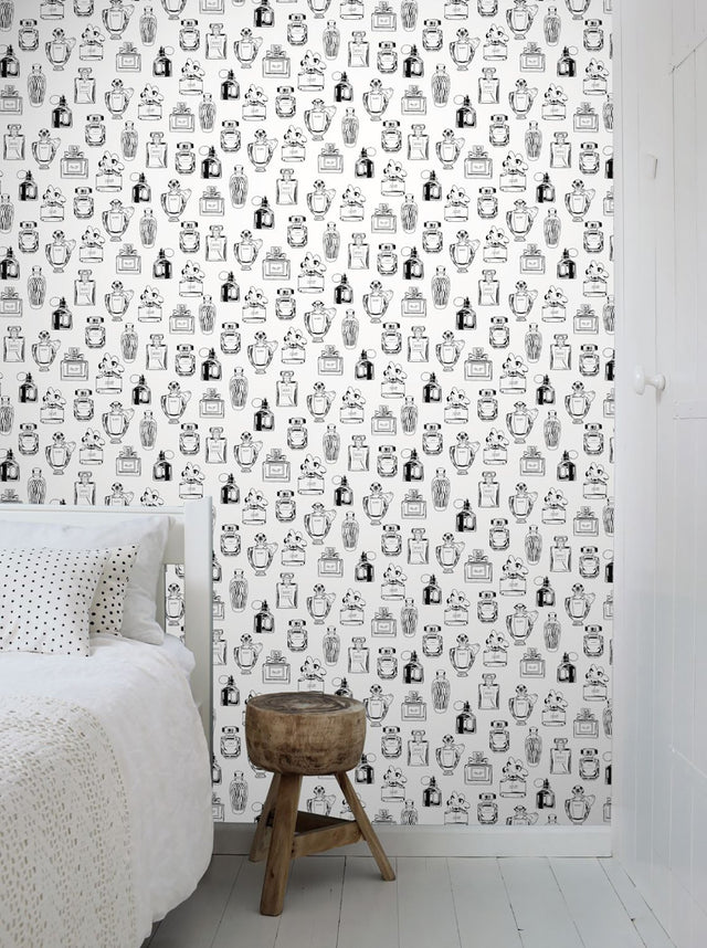 Chita White Perfume Bottles Wallpaper with Novelty Graphics in Eclectic Style - Brewster DD138855