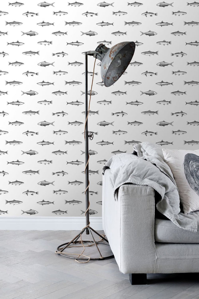 Fiyero Off White Fish Wallpaper with Hand-Drawn Coastal Fish Motif - ESTA Home DD138967
