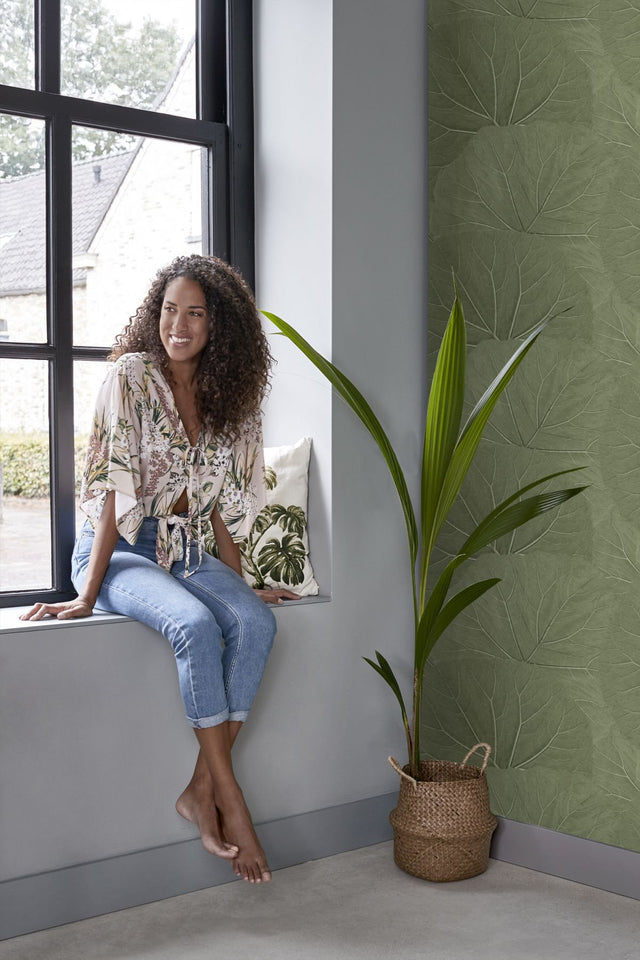 Xylem Olive Large Leaves Wallpaper with Botanical Non Woven Eclectic Style - ESTA Home DD138995