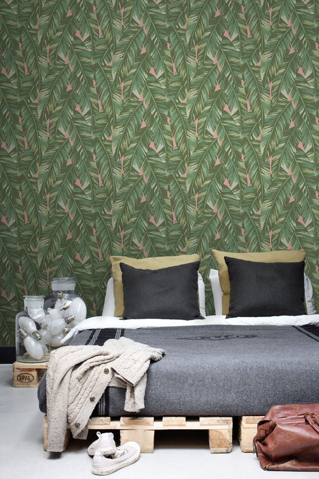 Dumott Olive Tropical Leaves Wallpaper with Botanical Banana Leaf Motif - ESTA Home DD139015