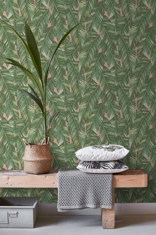 Dumott Olive Tropical Leaves Wallpaper with Botanical Banana Leaf Motif - ESTA Home DD139015