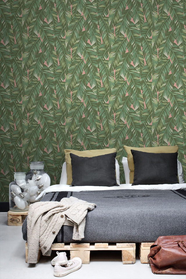 Dumott Olive Tropical Leaves Wallpaper with Botanical Banana Leaf Motif - ESTA Home DD139015