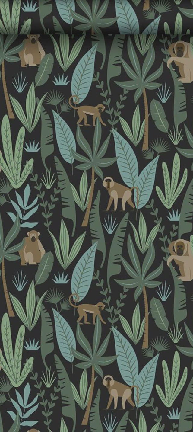 Macaque Dark Green Monkeys Wallpaper with Tropical Non Woven Design - ESTA Home DD139074