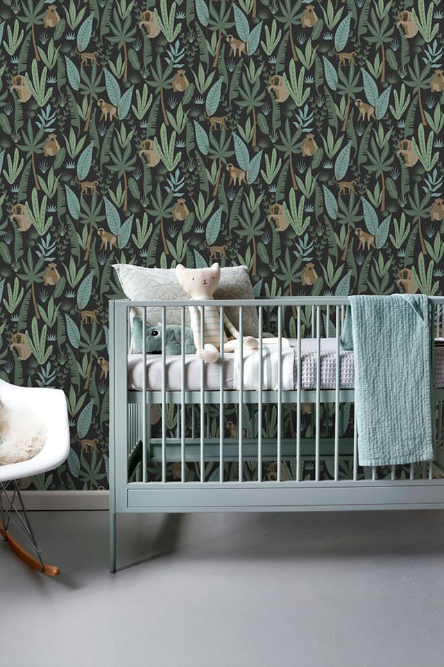 Macaque Dark Green Monkeys Wallpaper with Tropical Non Woven Design - ESTA Home DD139074