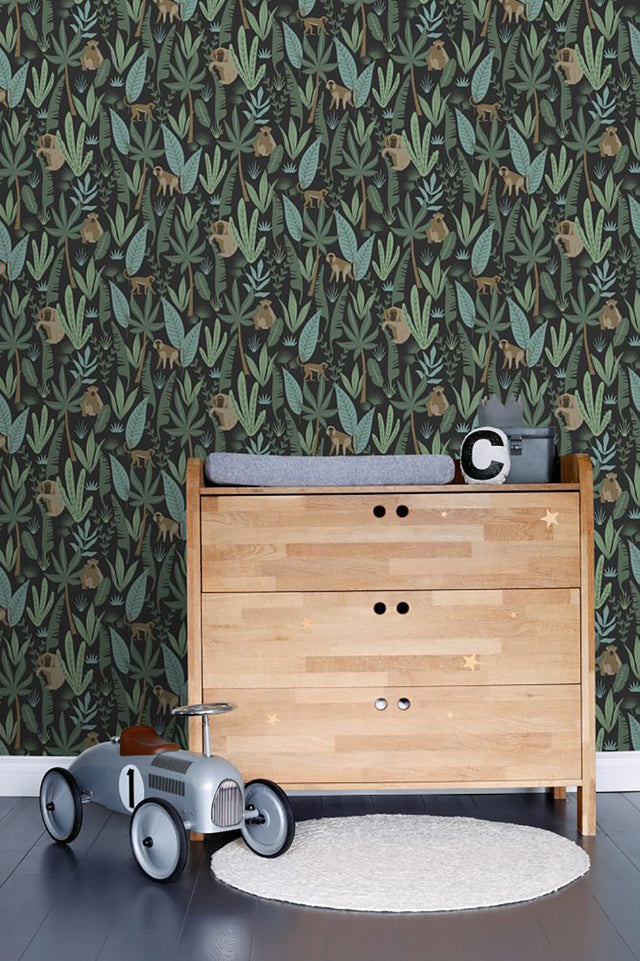 Macaque Dark Green Monkeys Wallpaper with Tropical Non Woven Design - ESTA Home DD139074