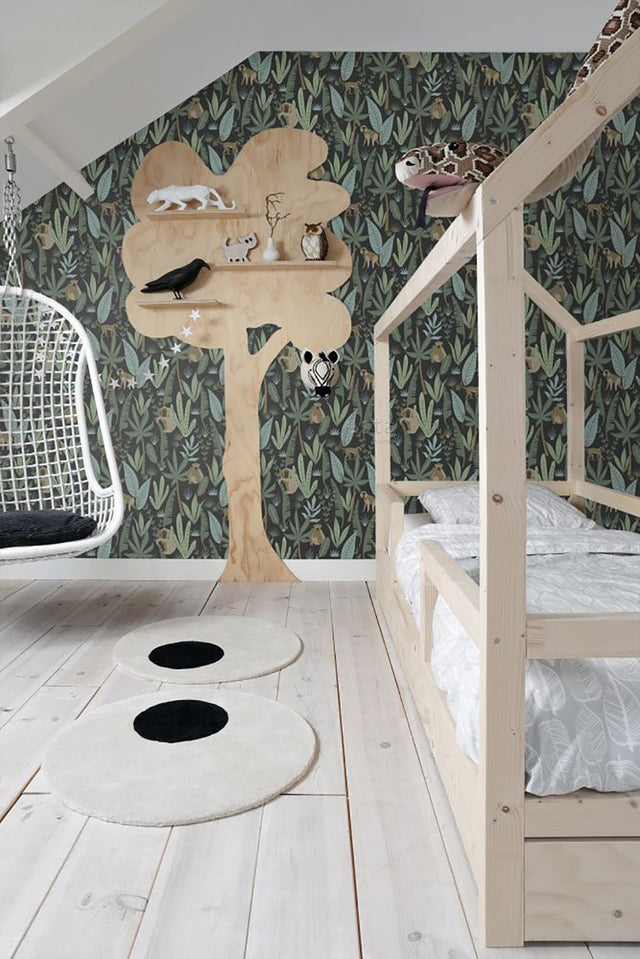 Macaque Dark Green Monkeys Wallpaper with Tropical Non Woven Design - ESTA Home DD139074