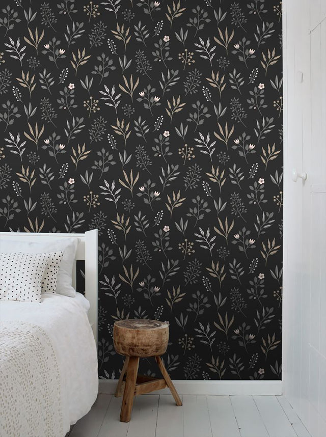 Cynara Charcoal Scandinavian Floral Wallpaper with Botanical Non Woven Pattern - Brewster DD139083