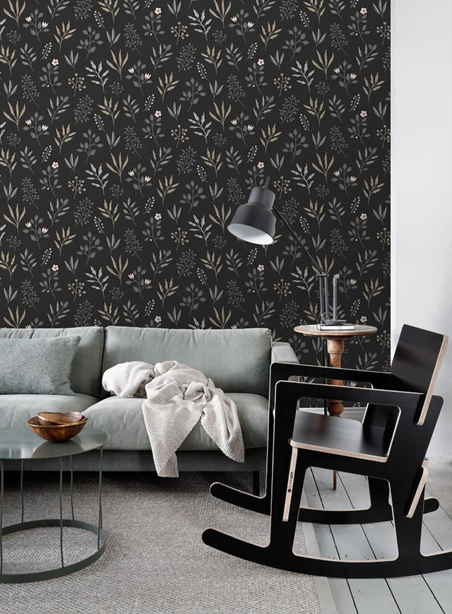 Cynara Charcoal Scandinavian Floral Wallpaper with Botanical Non Woven Pattern - Brewster DD139083