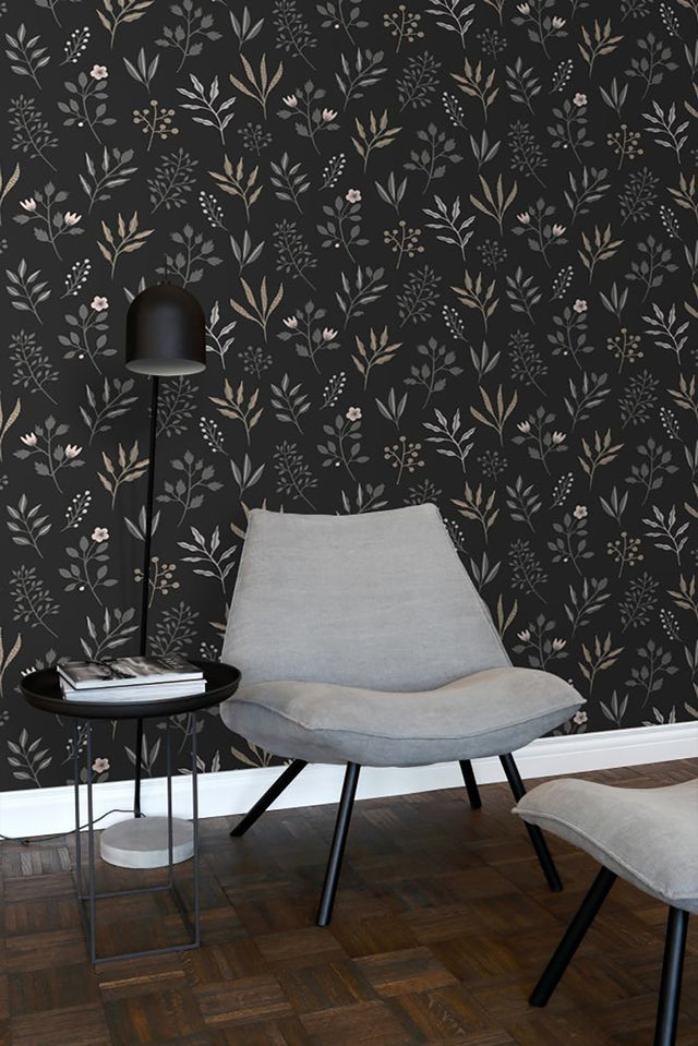 Cynara Charcoal Scandinavian Floral Wallpaper with Botanical Non Woven Pattern - Brewster DD139083