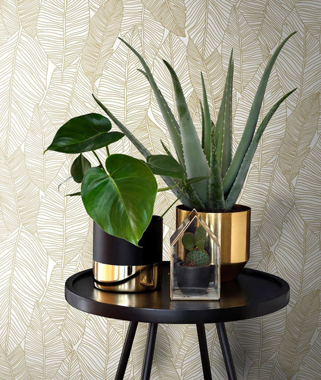 Canales White Gold Inked Leaves Wallpaper