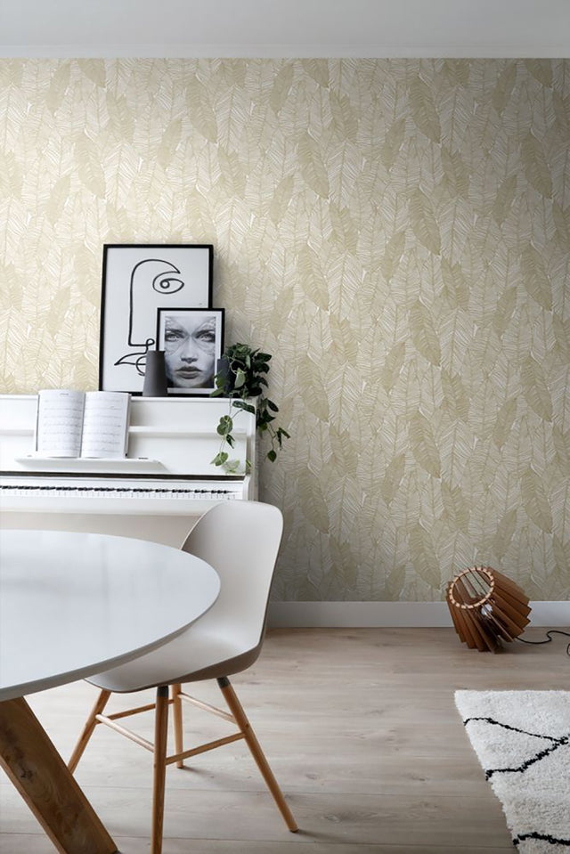 Canales White Gold Inked Leaves Wallpaper