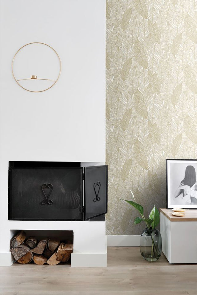 Canales White Gold Inked Leaves Wallpaper