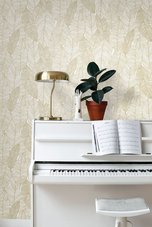Canales White Gold Inked Leaves Wallpaper