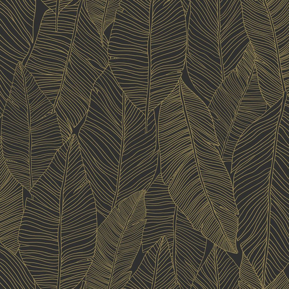 Canales Black Gold Inked Leaves Wallpaper with Modern Botanical Banana Leaf Pattern - Brewster DD139126