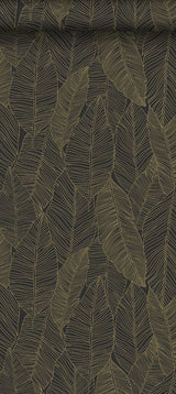 Canales Black Gold Inked Leaves Wallpaper with Modern Botanical Banana Leaf Pattern - Brewster DD139126