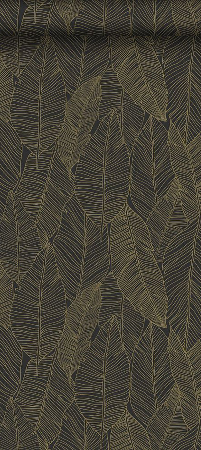 Canales Black Gold Inked Leaves Wallpaper with Modern Botanical Banana Leaf Pattern - Brewster DD139126