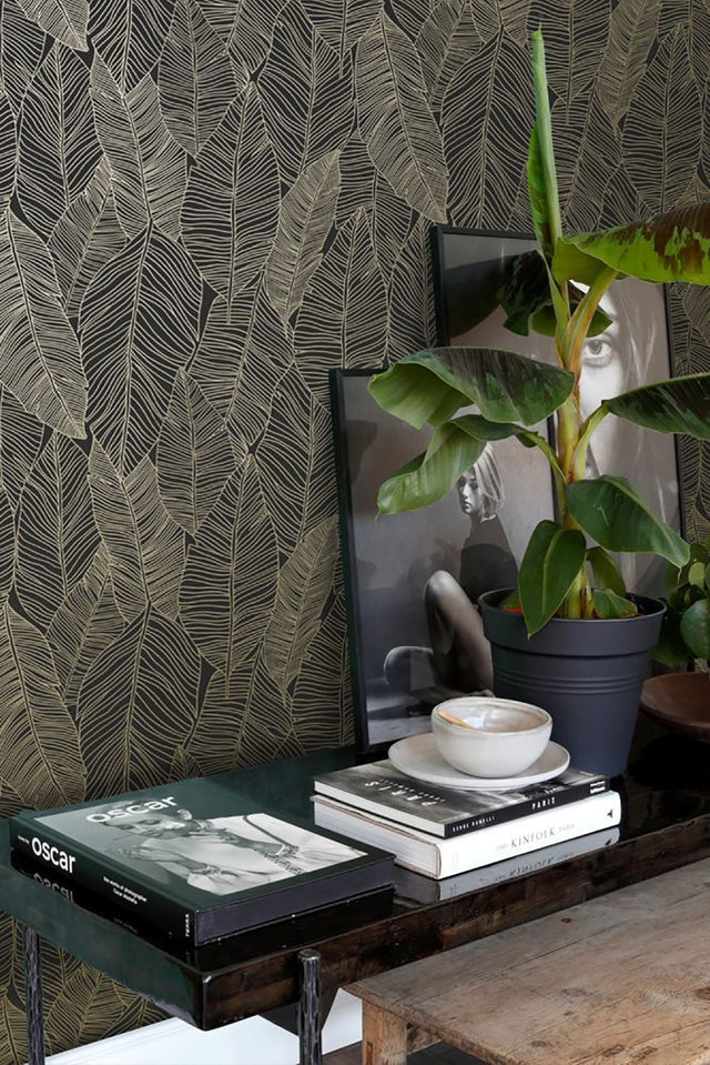 Canales Black Gold Inked Leaves Wallpaper with Modern Botanical Banana Leaf Pattern - Brewster DD139126