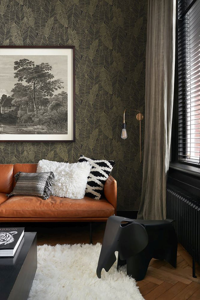 Canales Black Gold Inked Leaves Wallpaper with Modern Botanical Banana Leaf Pattern - Brewster DD139126