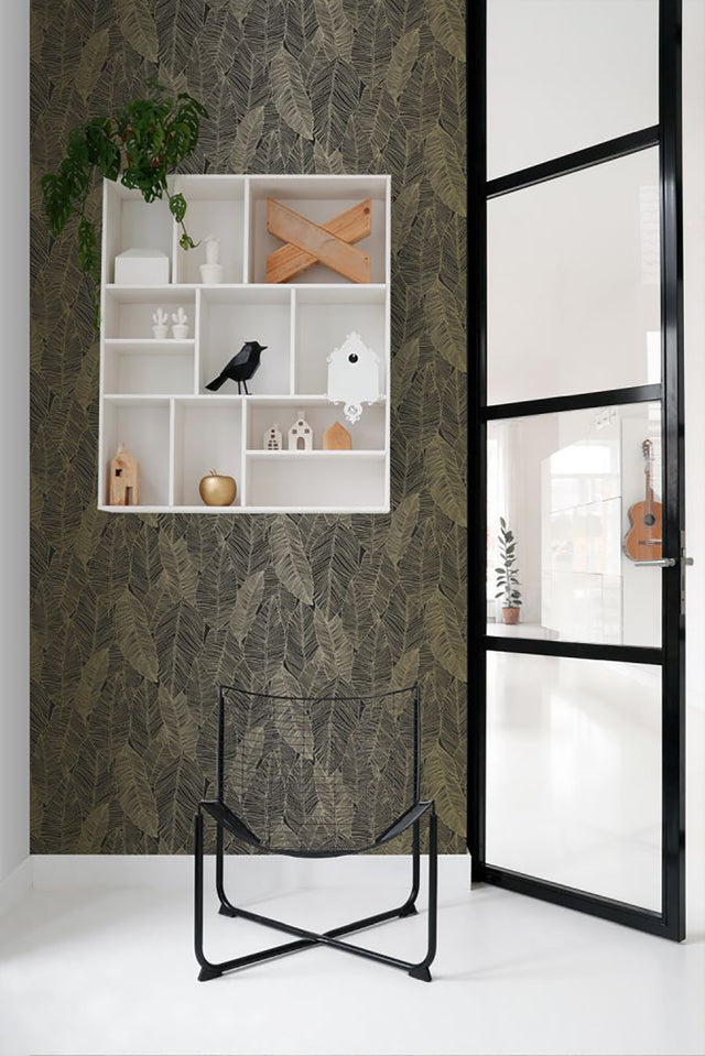 Canales Black Gold Inked Leaves Wallpaper with Modern Botanical Banana Leaf Pattern - Brewster DD139126