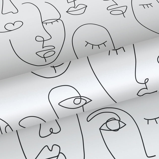 Sharona White Line Art Faces Wallpaper with Abstract Line-Drawing Faces - ESTA Home DD139145