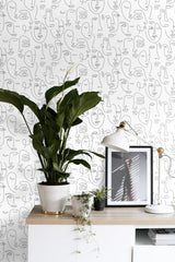 Sharona White Line Art Faces Wallpaper with Abstract Line-Drawing Faces - ESTA Home DD139145