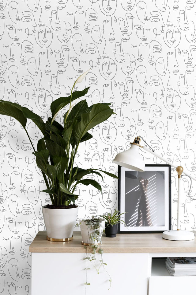 Sharona White Line Art Faces Wallpaper with Abstract Line-Drawing Faces - ESTA Home DD139145