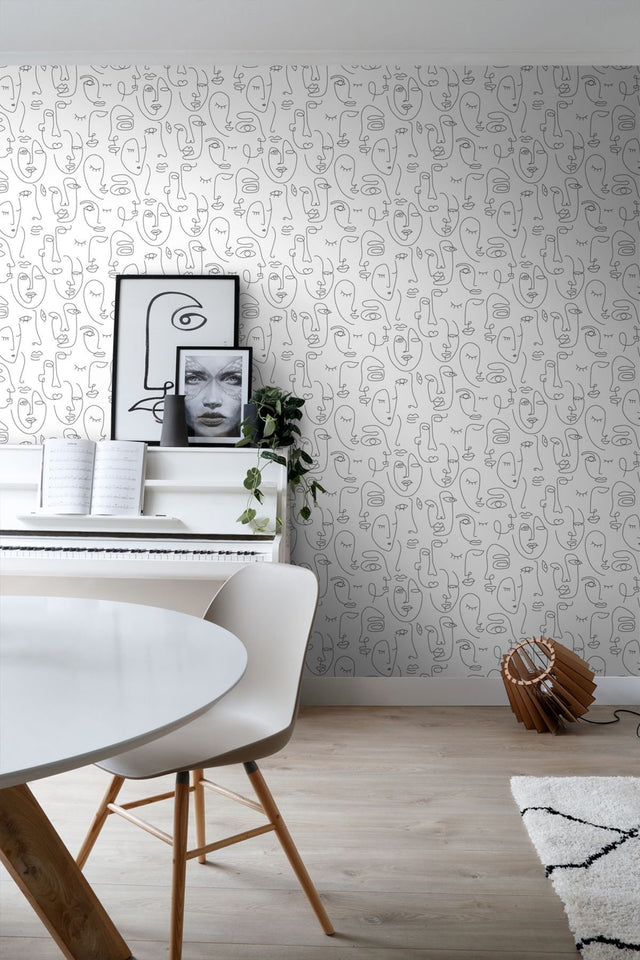 Sharona White Line Art Faces Wallpaper with Abstract Line-Drawing Faces - ESTA Home DD139145