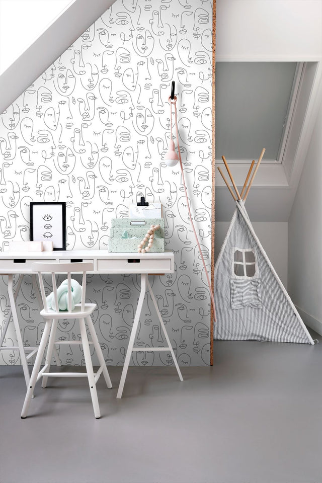 Sharona White Line Art Faces Wallpaper with Abstract Line-Drawing Faces - ESTA Home DD139145