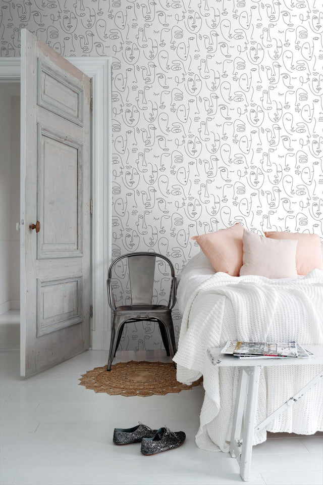 Sharona White Line Art Faces Wallpaper with Abstract Line-Drawing Faces - ESTA Home DD139145