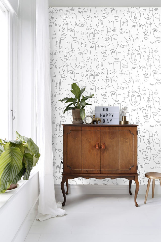 Sharona White Line Art Faces Wallpaper with Abstract Line-Drawing Faces - ESTA Home DD139145